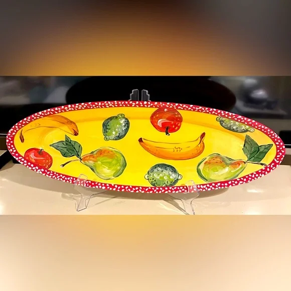 NEW DROLL DESIGNS Long Fruit Platter Tray Red Polka Dot Rim Handpainted signed